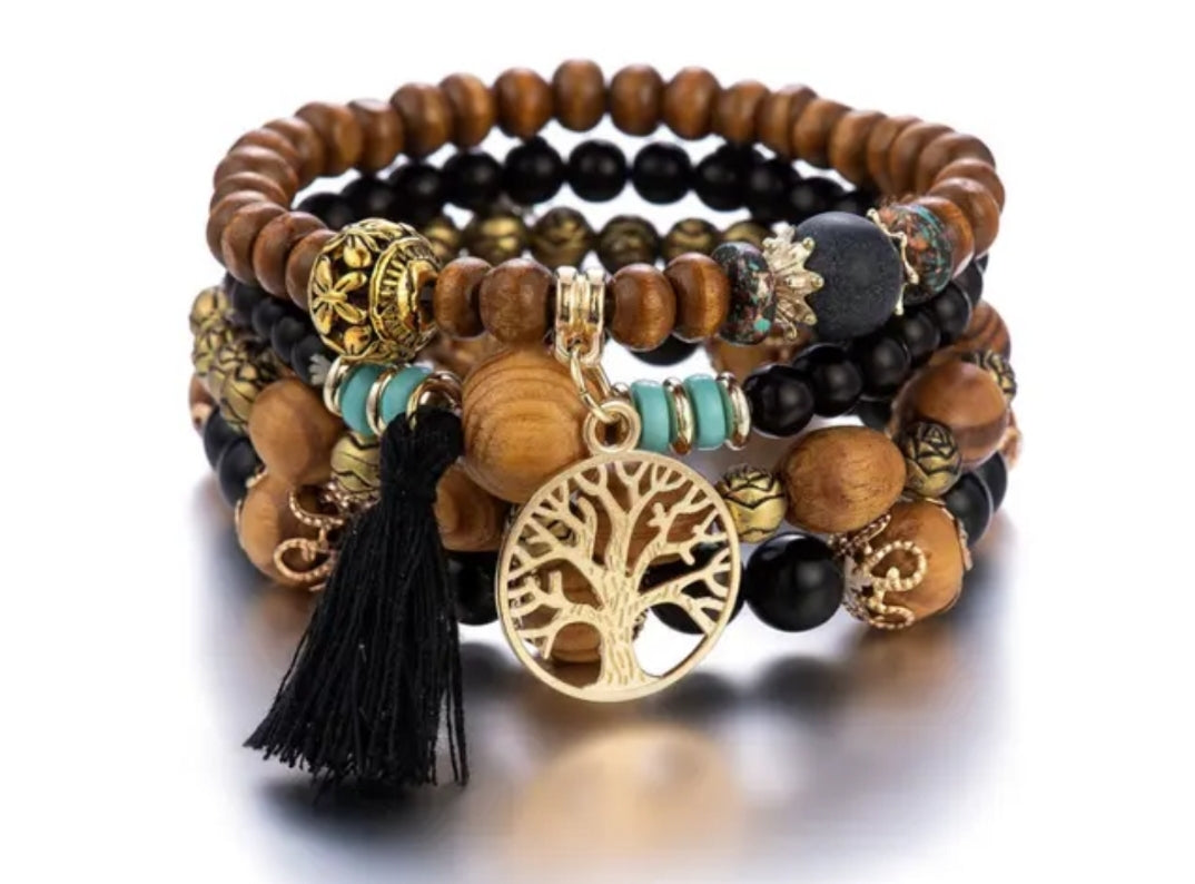 Bracelet perles en bois style bohème Taille unique