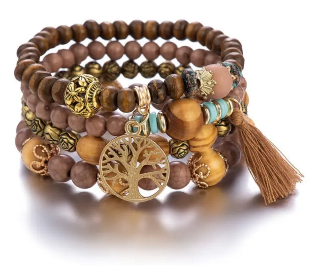 Bracelet perles en bois style bohème Taille unique