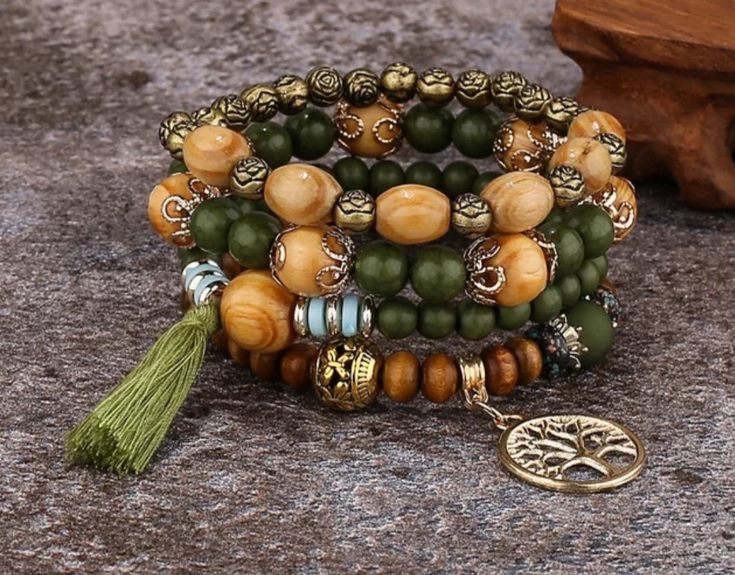 Bracelet perles en bois style bohème Taille unique