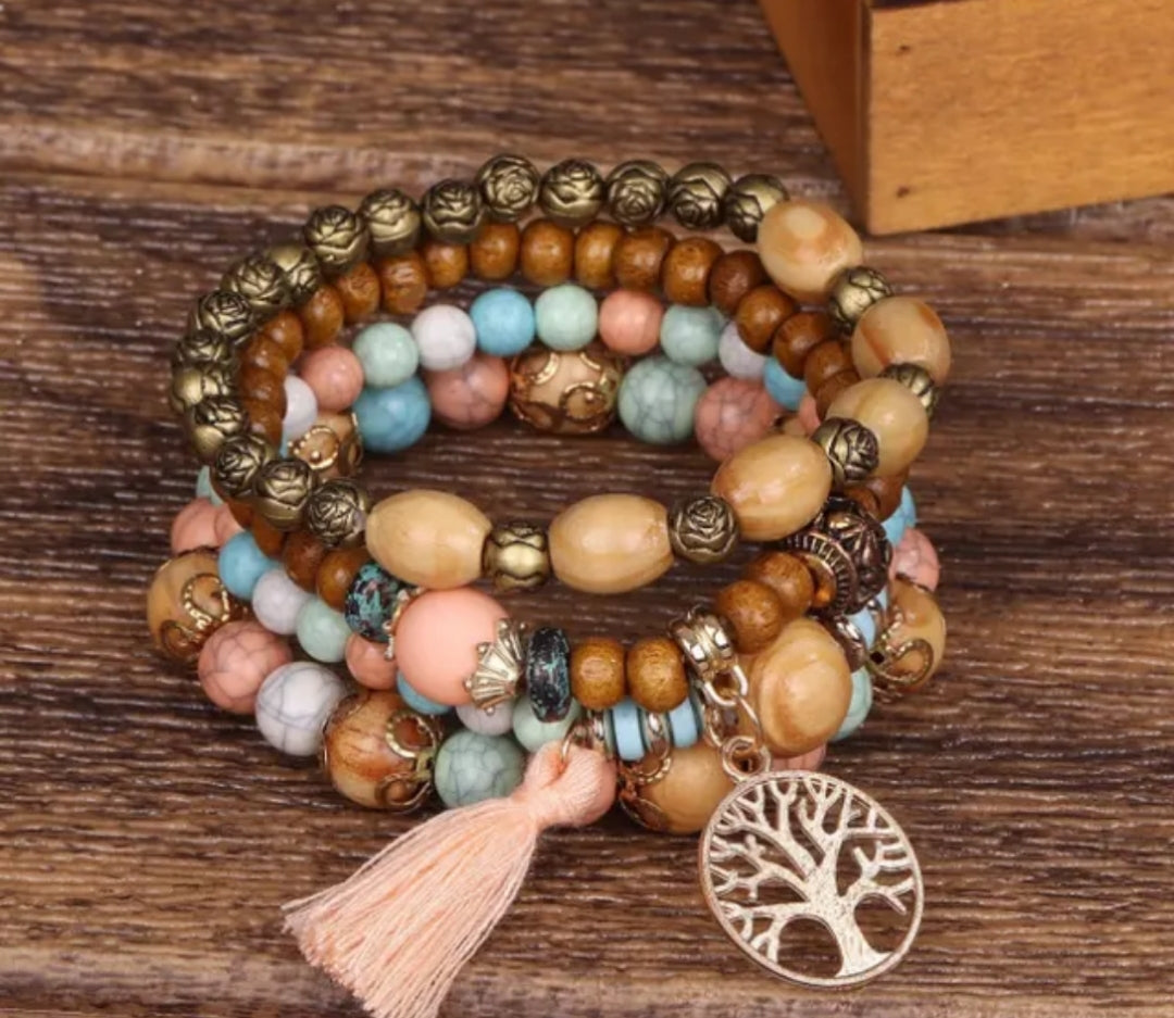 Bracelet perles en bois style bohème Taille unique