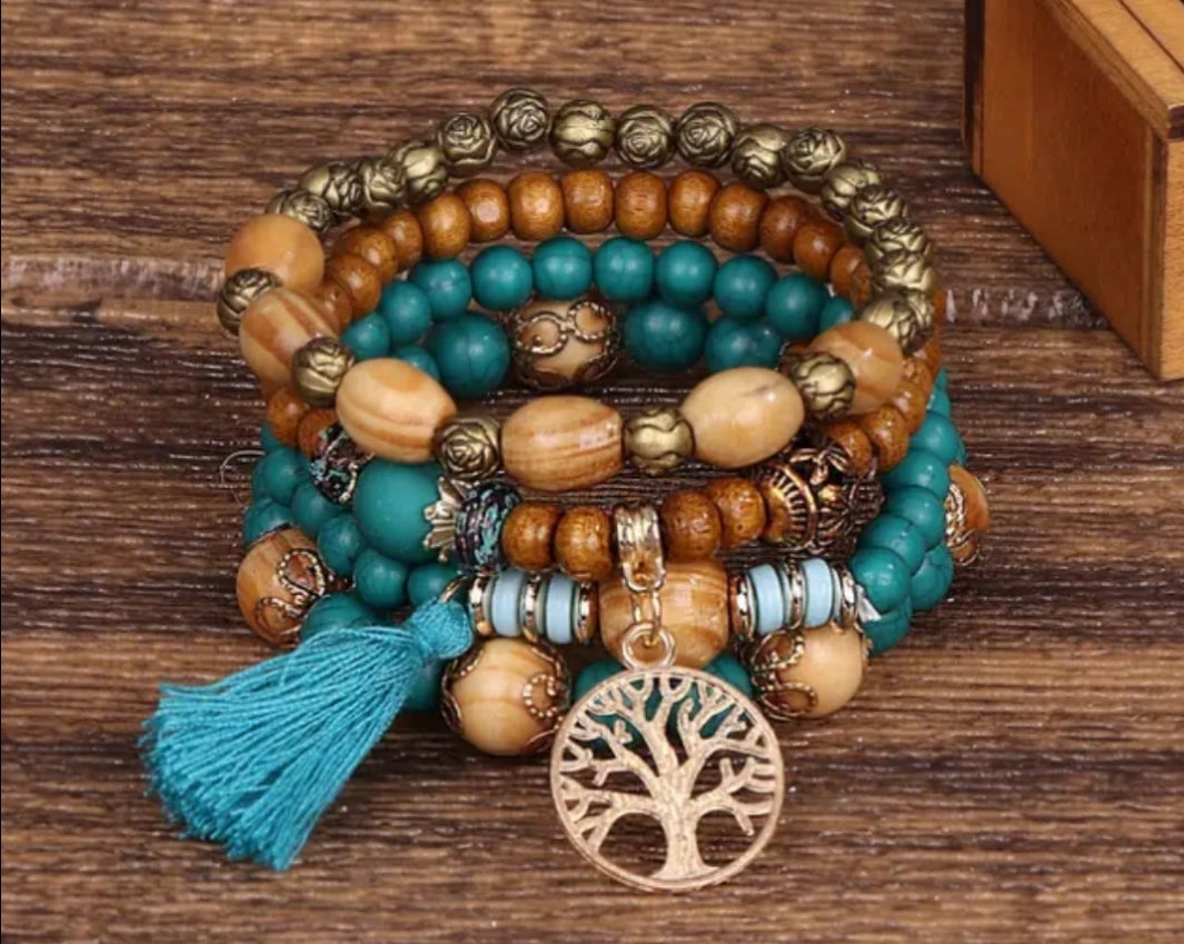 Bracelet perles en bois style bohème Taille unique