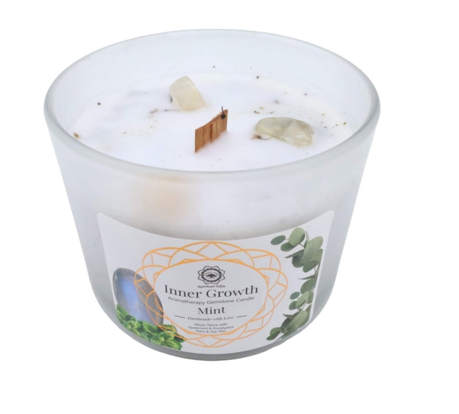 Bougie Green Tree 'Croissance intérieure' Pierre de Lune + Menthe 256g