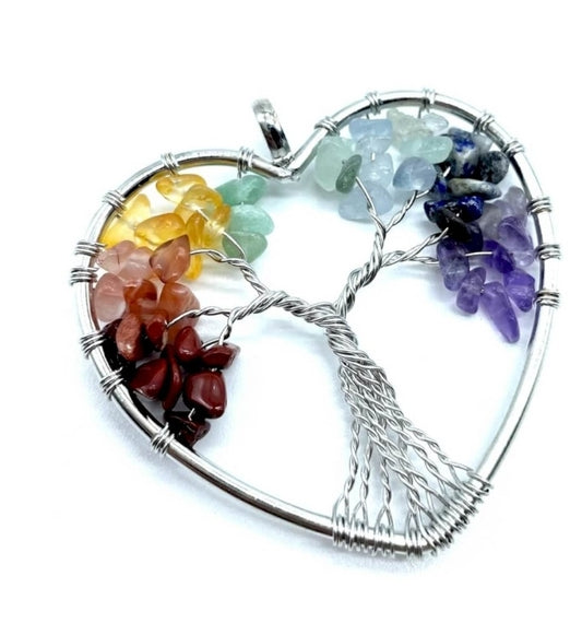 Pendentif Arbre de Vie 7 Chakras Coeur 4cm - Plaqué Argent